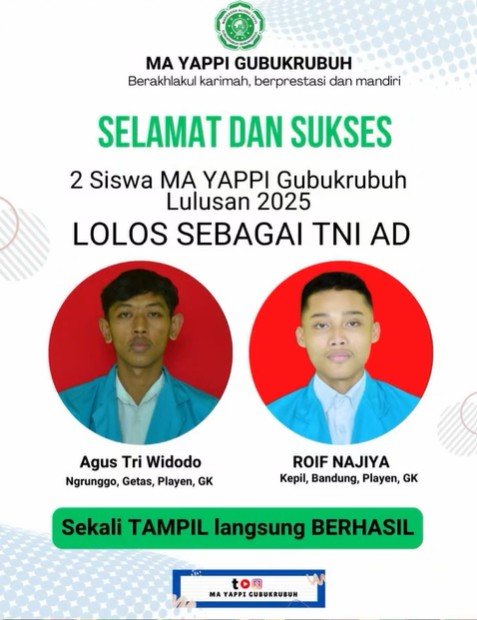 Bukti Prestasi Nyata, Dua Siswa MA YAPPI Gubukrubuh Langsung Diterima Jadi Anggota TNI AD Usai Kelulusan
